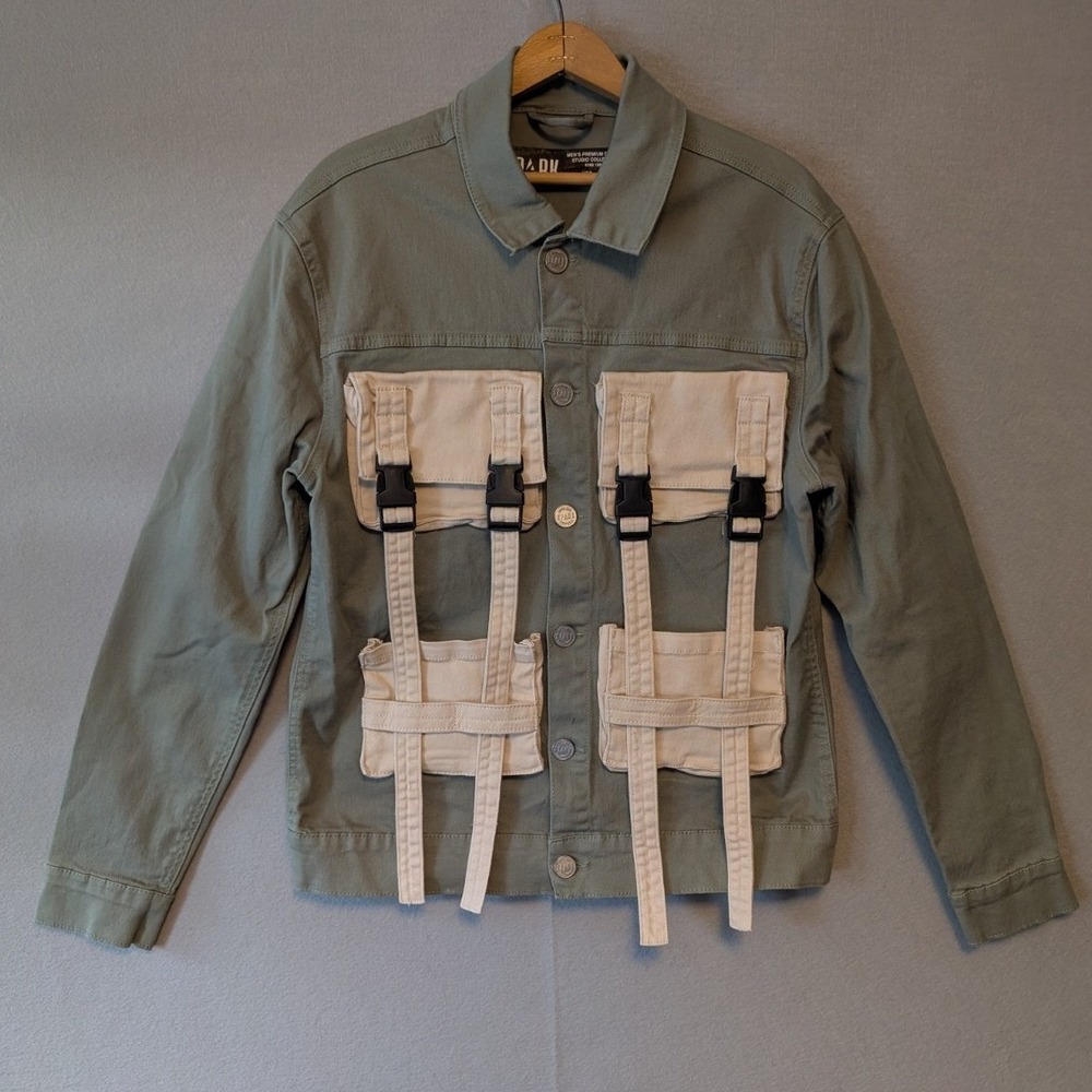 Spark Jacket Green Utility Buckle Cargo Strap Denim Men Large Streetware Skater